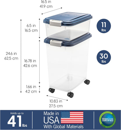 IRIS USA 2-Piece 41 Lbs / 45 Qt WeatherPro Airtight Pet Food Storage Container Combo and Treat Box for Dog Cat and Bird Food, Stackable, Keep Fresh, Translucent Body, Easy Mobility, Navy