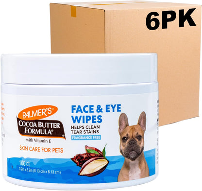 Palmer's for Pets Face and Eye Wipes with Cocoa Butter and Vitamin E, Dog Cleaning and Care, Specially Formulated for Dogs, 100ct - 6 Pack