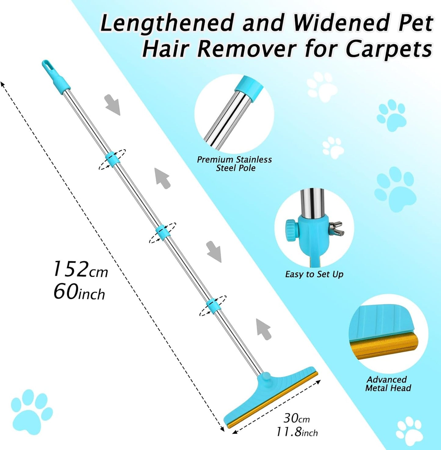 Carpet Rake for Pet Hair Removal - Reusable Pet Hair Remover, 60” Adjustable Long Handle Cat Dog Carpet Rake Scraper with Patented Design, Dog Hair Rake Brush for Rugs, Mats