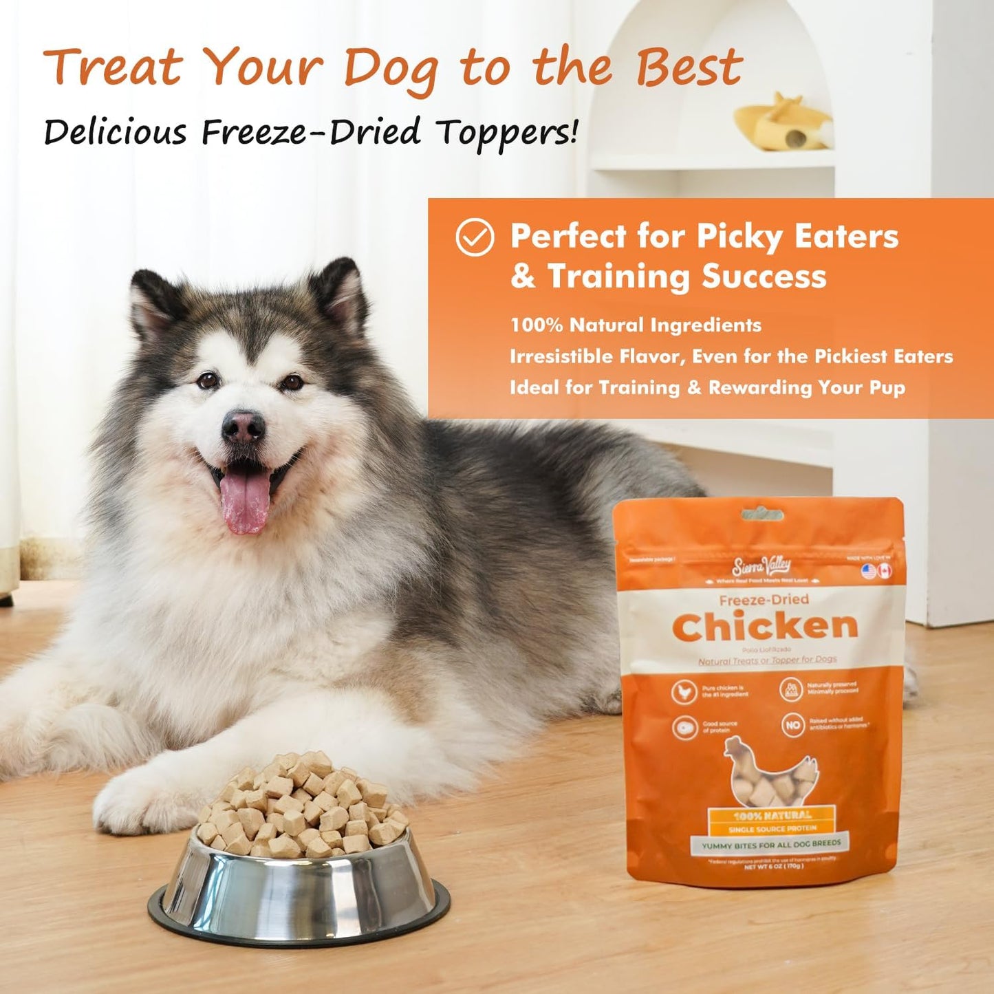 Freeze Dried Dog Treats Chicken Breast, 100% Pure Single-Ingredient Grain-Free, 2cm Tender Cubes for Medium Dogs, Hypoallergenic Low-Fat Snacks, Resealable Bag 6oz