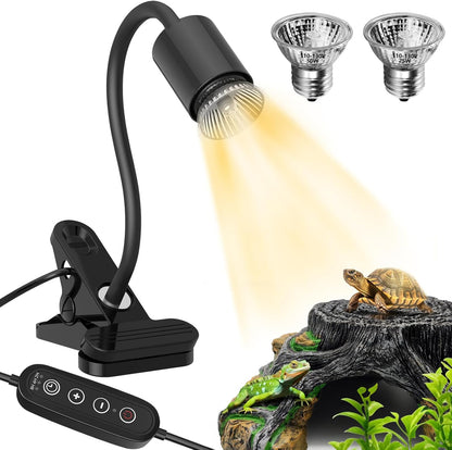GOZILLA Reptile Heat Lamp, Turtle Lamp with 360° Goose Neck Rotatable Timing & Dimming Cycle Timer, 25W+50W UVA/UVB Reptile Light Bulbs for Reptiles and Amphibian Tanks, Terrariums and Cages.(Black)