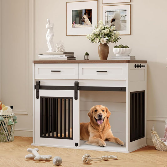 44.5'' Dog Crate Furniture with Hook & Storage Drawers, Wooden Heavy Duty Dog Kennel Indoor with Sliding Barn Doors, Decorative Pet House End Side Table TV Stand for Medium/Small Dogs,White
