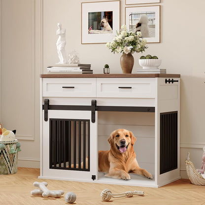 44.5'' Dog Crate Furniture with Hook & Storage Drawers, Wooden Heavy Duty Dog Kennel Indoor with Sliding Barn Doors, Decorative Pet House End Side Table TV Stand for Medium/Small Dogs,White