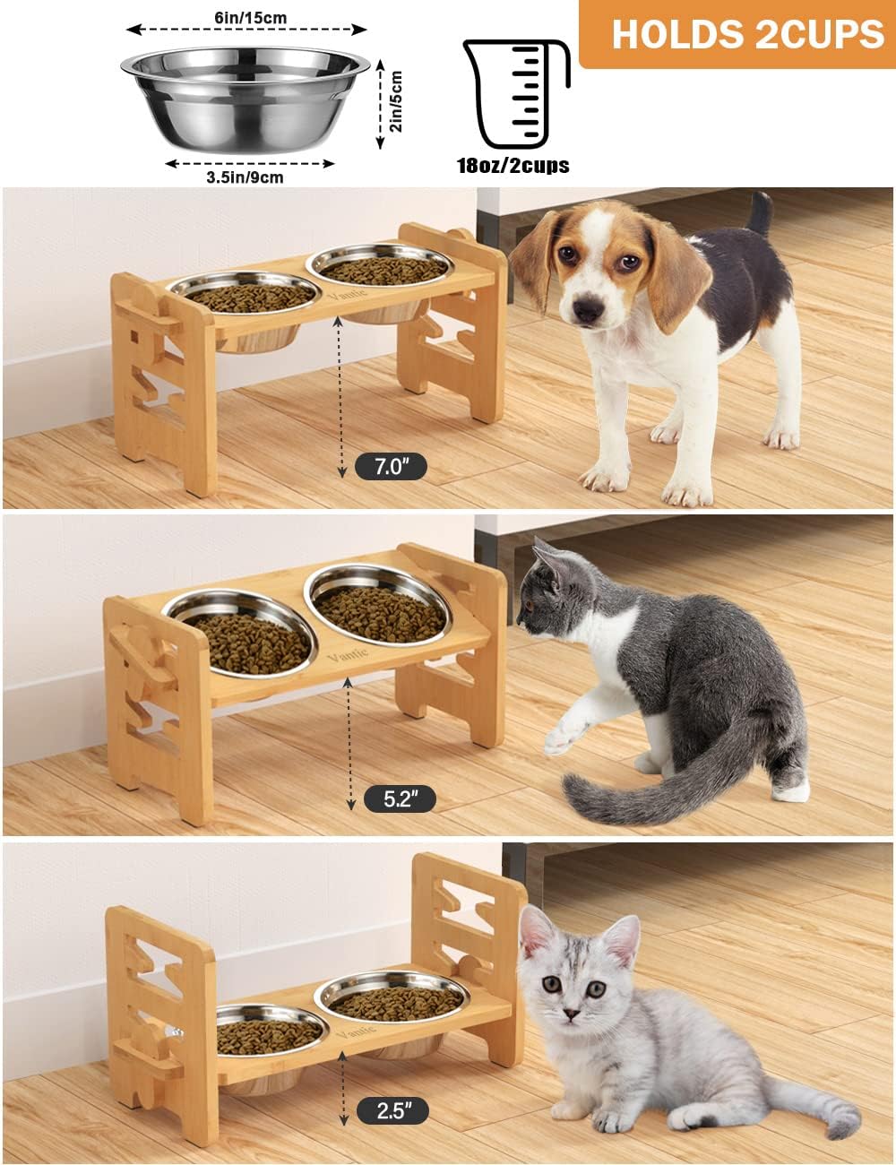 Vantic Elevated Dog Bowls, Adjustable Raised Dog Bowl Stand for Small Puppy and Cats, Sturdy Bamboo Pet Food Feeder with 2 Stainless Steel Dishes, Natural