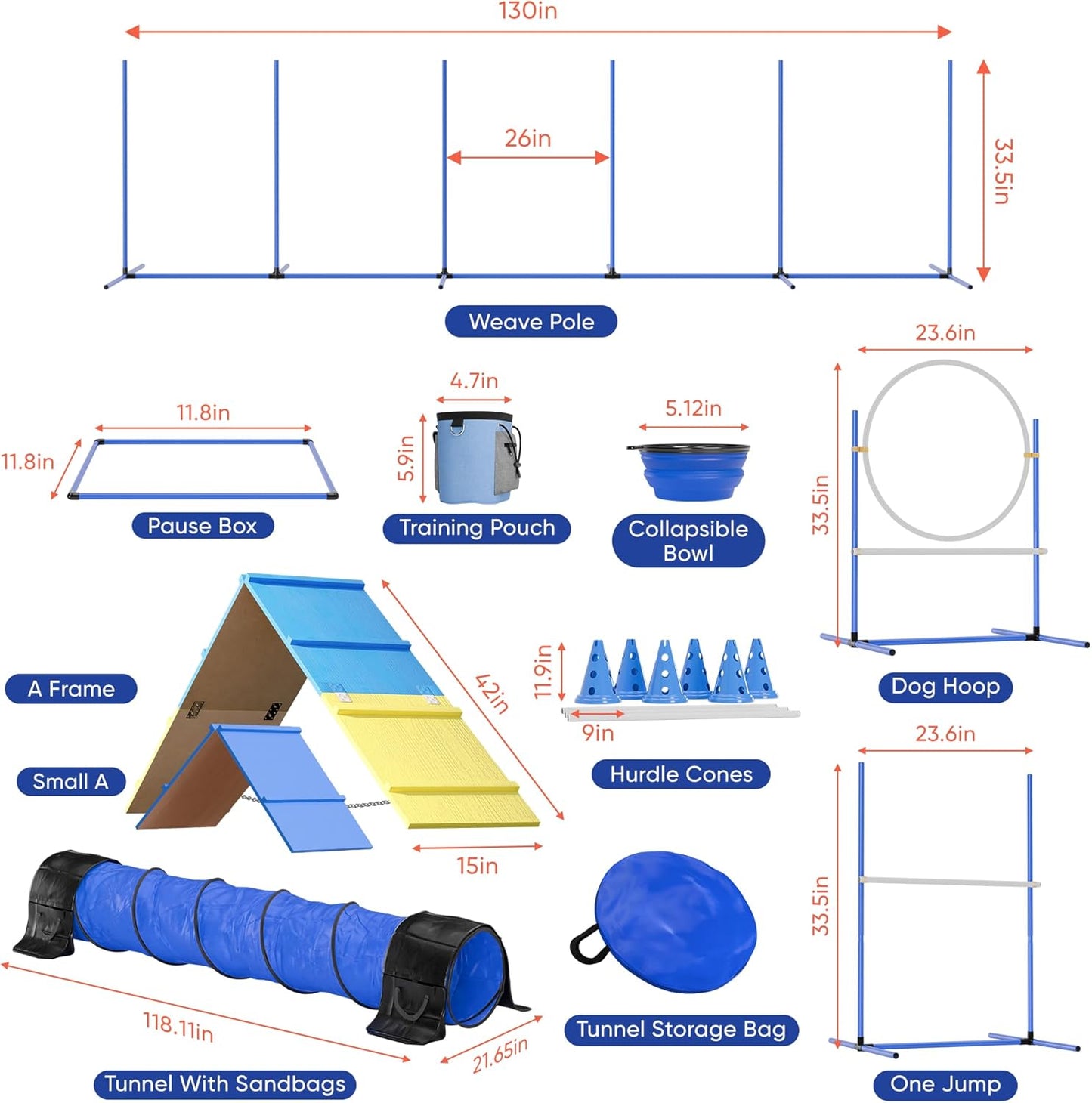 FetchFlow Dog Agility Training Equipment – Complete Backyard Agility Course Set w/Adjustable A-Frame Ladder, Weave Poles, Cones, Jump Hoop, Tunnel & Sandbags – Outdoor Dog Playground Kit