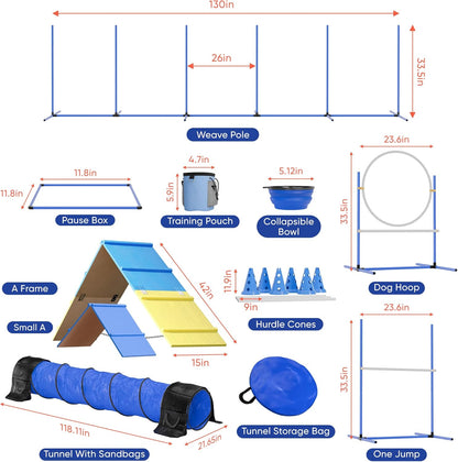 FetchFlow Dog Agility Training Equipment – Complete Backyard Agility Course Set w/Adjustable A-Frame Ladder, Weave Poles, Cones, Jump Hoop, Tunnel & Sandbags – Outdoor Dog Playground Kit