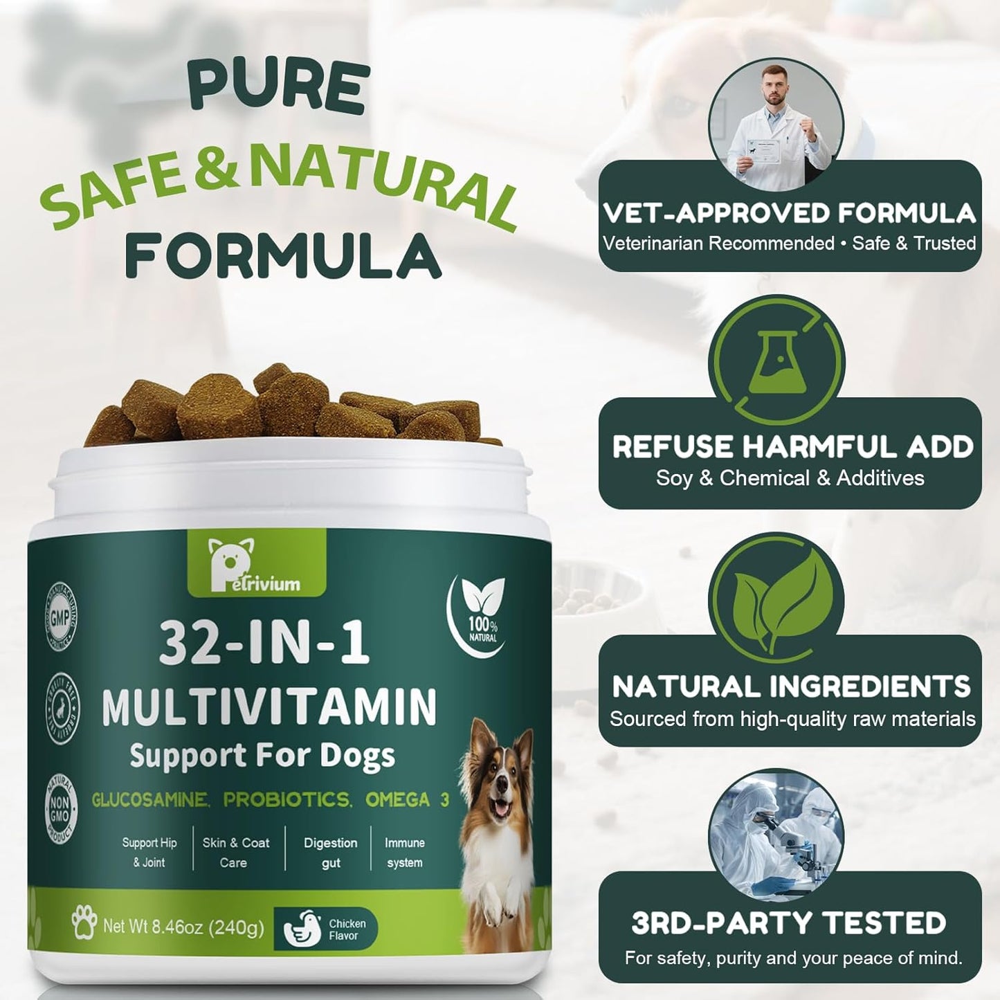 Dog Multivitamin Chewable with Glucosamine & MSM, Omegas 3 & 6, Probiotics, Dog Vitamins and Supplements for Hip & Joint Health, Skin & Coat, Immune Boost & Overall Health 120 Soft Chews