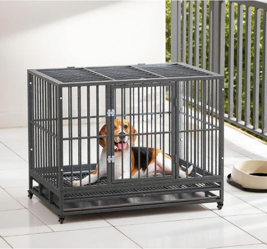 Heavy Duty Dog Crate Metal Cage Kennel Grey Easy Transport Secure Enclosure Pet Safety