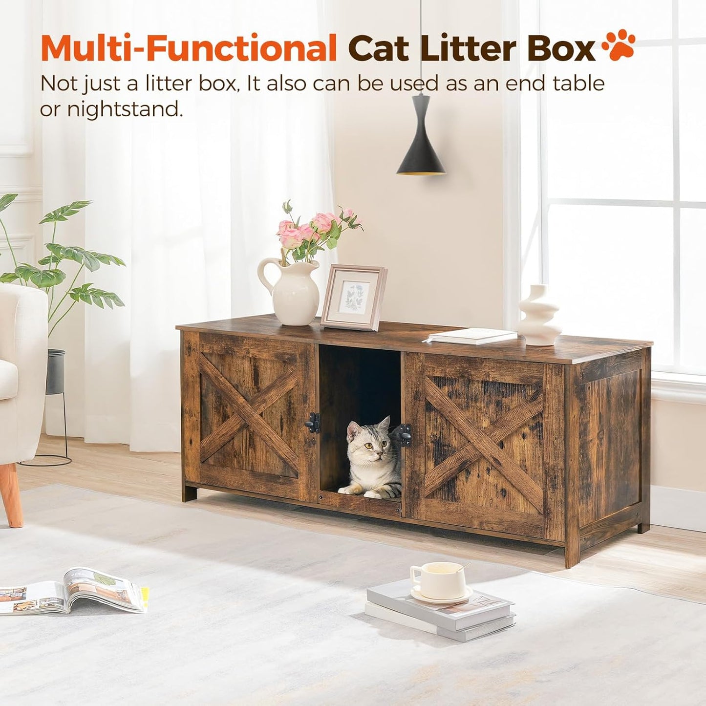 Cat Litter Box Enclosure and Freestanding Dog Gate Bundle, Hidden Litter Box Furniture with Double Room, 4-Panel Foldable Pet Gate with Support Feet, Indoor Use, CWHR1201-DGBK6101