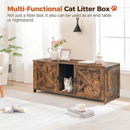 Cat Litter Box Enclosure and Freestanding Dog Gate Bundle, Hidden Litter Box Furniture with Double Room, 4-Panel Foldable Pet Gate with Support Feet, Indoor Use, CWHR1201-DGBK6101