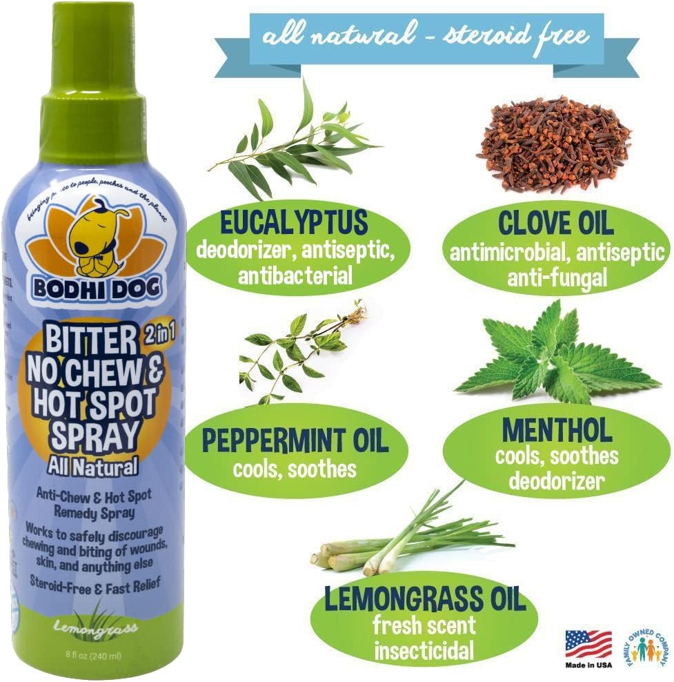 Bodhi Dog Bitter 2-in-1 No Chew & Hot Spot Spray - Natural Anti-Chew Remedy Better Than Bitter Apple - Soothes Hot Spots, Deters Chewing - Safe for Skin, Wounds & Furniture- Made in USA (8 Fl Oz)