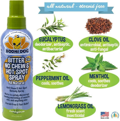 Bodhi Dog Bitter 2-in-1 No Chew & Hot Spot Spray - Natural Anti-Chew Remedy Better Than Bitter Apple - Soothes Hot Spots, Deters Chewing - Safe for Skin, Wounds & Furniture- Made in USA (8 Fl Oz)