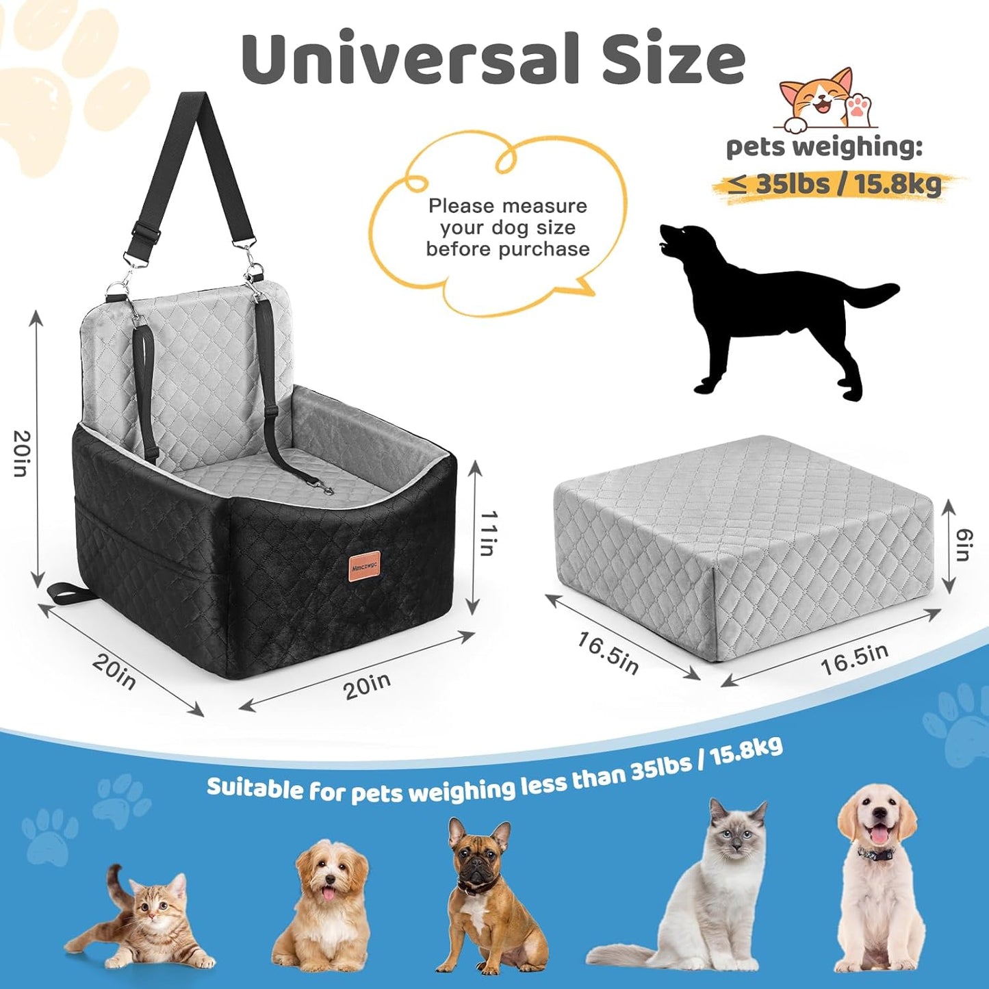 Dog Car Seat for Small/Medium Dogs Under 35 lbs – Pet Booster Seat with 6-inch Memory Foam, Dog Car Bed with Removable and Washable Cover, 2 Safety Belts and 2 Storage Bags