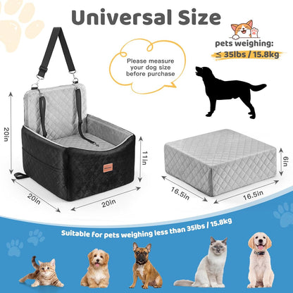 Dog Car Seat for Small/Medium Dogs Under 35 lbs – Pet Booster Seat with 6-inch Memory Foam, Dog Car Bed with Removable and Washable Cover, 2 Safety Belts and 2 Storage Bags