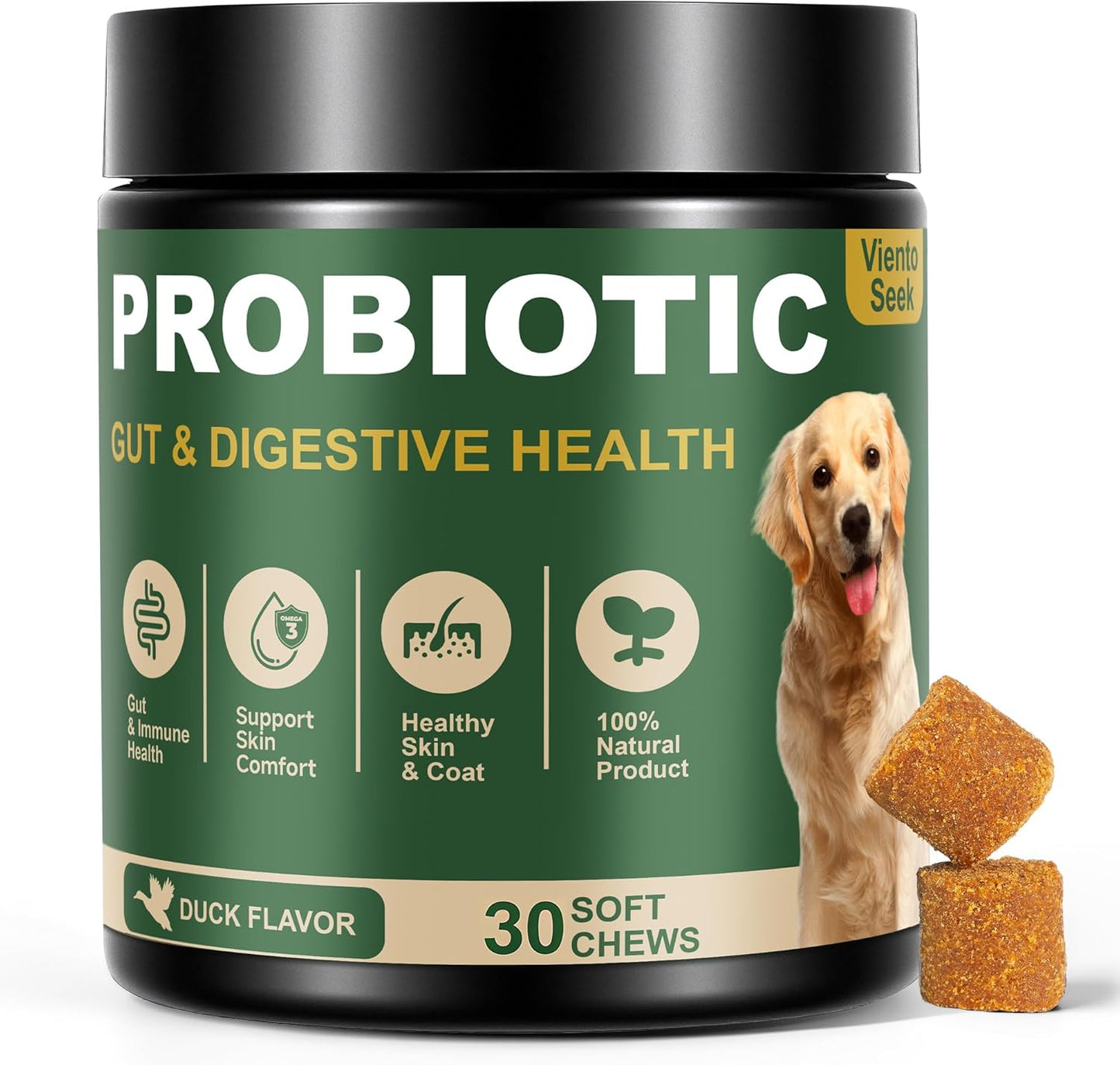Probiotics for Dogs - Dog Probiotics for Yeast, Itchy Skin and Itchy Ears, Digestive Health, Diarrhea Relief, Gut & Immune Support - with 7 Enzymes, 3 Prebiotics & Omega-3 (Duck 30ct)