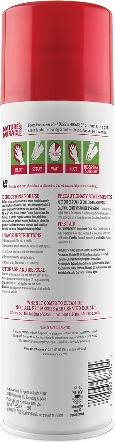 Nature's Miracle Stain & Odor Remover Foaming Aerosol For Dogs, 17.5 Oz (P-68340) (Pack of 2)