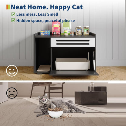 Cat Litter Box Furniture with Flip-Down Door, Spacious Hidden Cat Litter Box Enclosure Cabinet, Ventilated Covered Litterbox Furniture for Easy Cleaning & Privacy, Cats Box, Black