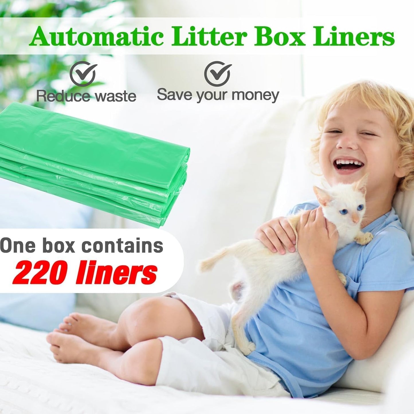 Litter Box Liners Compatible with LitterMaid/Nature's Miracle Waste Receptacles, Green Unscented 220 Refill Bags with Handles Use in Self-Cleaning Litter Box Waste Trays