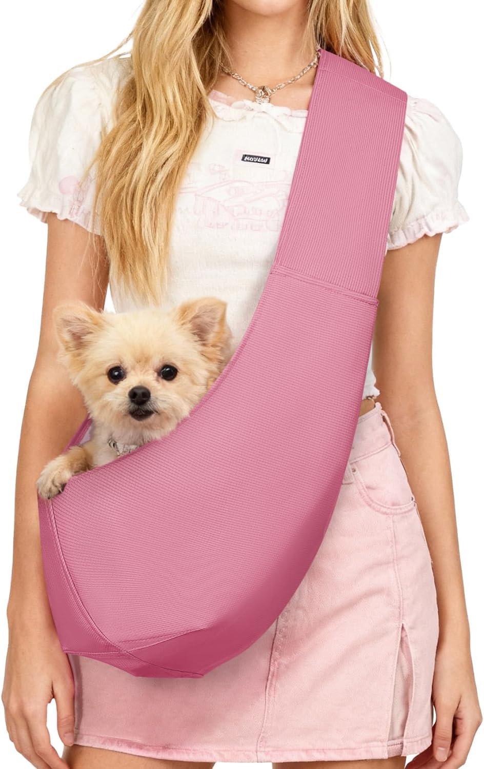 YUDODO Fashion Dog Sling Carrier for Small Dogs Lightweight Crossbody Pet Bag with Safety Strap, Pocket Storage, Machine Washable, Comfortable Travel & Outdoor Sling up to 9 lbs Pink