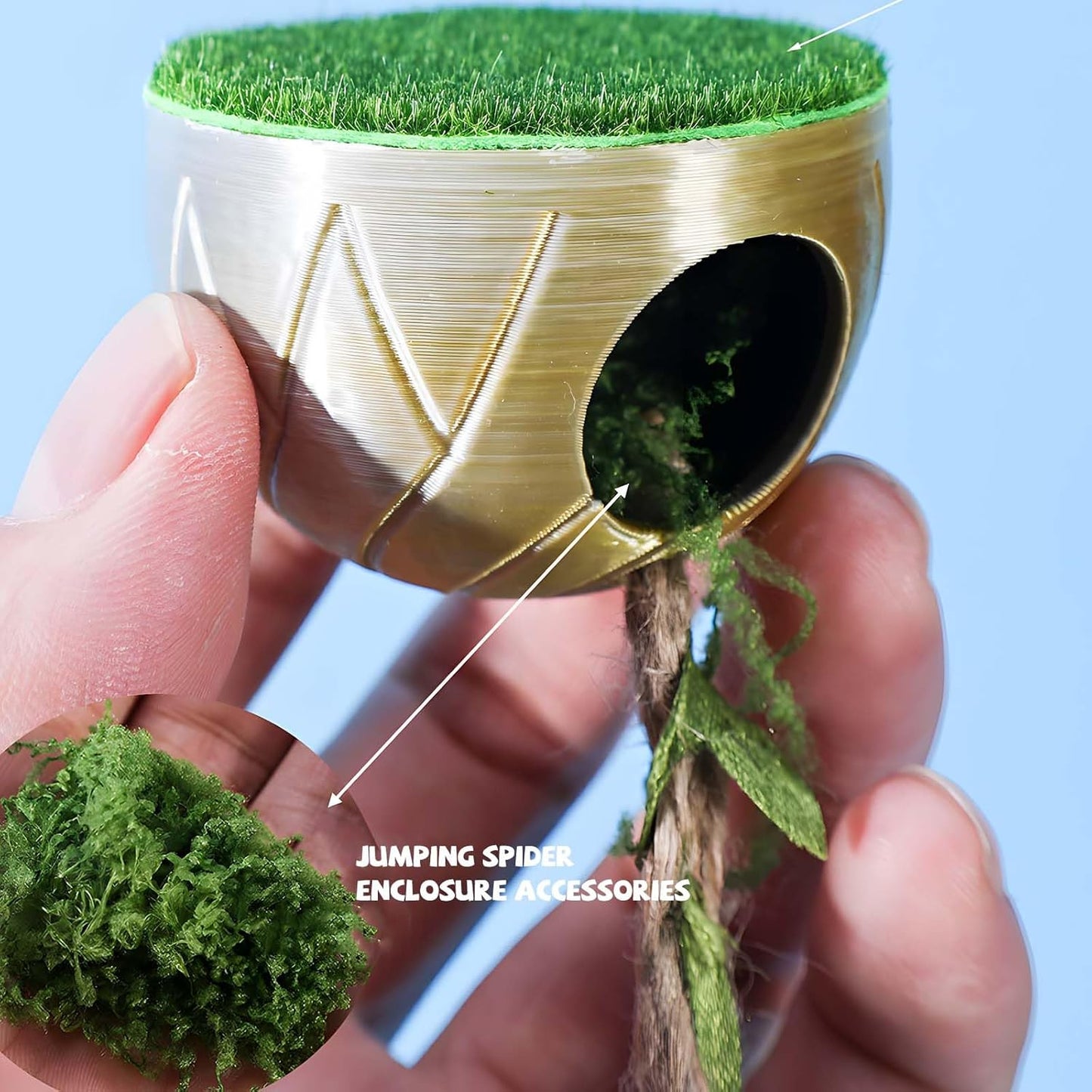 Jumping Spider Enclosure Accessories - Shelter and 2 Webbed Moss Ribbon | Tarantulas, Geckos Habitat Decor with Magnets for Small Reptiles, Cave, Hide, Climbing (Steel Hemisphere)