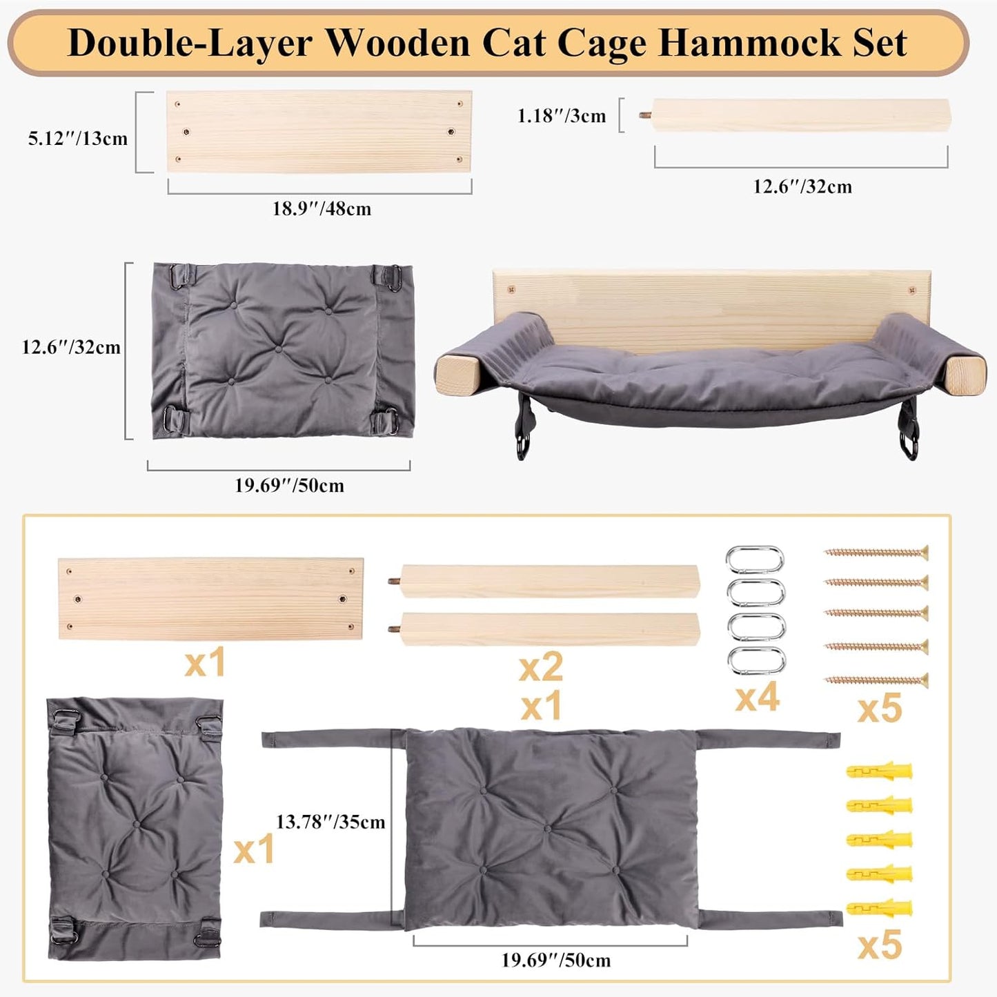 JSPYFITS Wooden Cat Wall Hammock, 18.9 x 12.6 Inch Double Layer Cat Furniture Hammock, Large Removable Multi-Function Cats Bed for Sleep/Play/Climb/Lounge Easy DIY Installation(Grey)