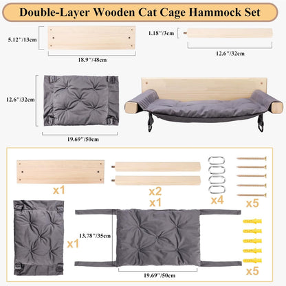 JSPYFITS Wooden Cat Wall Hammock, 18.9 x 12.6 Inch Double Layer Cat Furniture Hammock, Large Removable Multi-Function Cats Bed for Sleep/Play/Climb/Lounge Easy DIY Installation(Grey)
