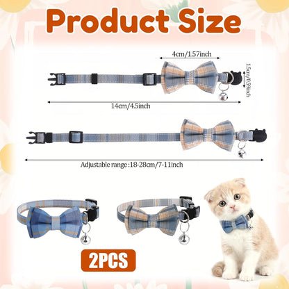 2Pcs Cat Collar Breakaway, Cat Bowtie Collar with Bells Soft Adjustable Kitten Accessories, Cute Plaid Cats Collar with Cat Buckle for Kitten Puppy and Small Pets