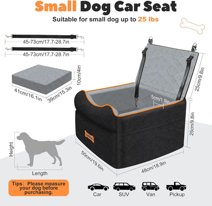 Small Dog Car Seat, Waterproof Dog Booster Seat with Thick Cushion & Safety Leash, Removable Car Back Seat Bed for 1 Small Dogs Under 25lbs, Pet Car Seat for Travel, Black/Gray