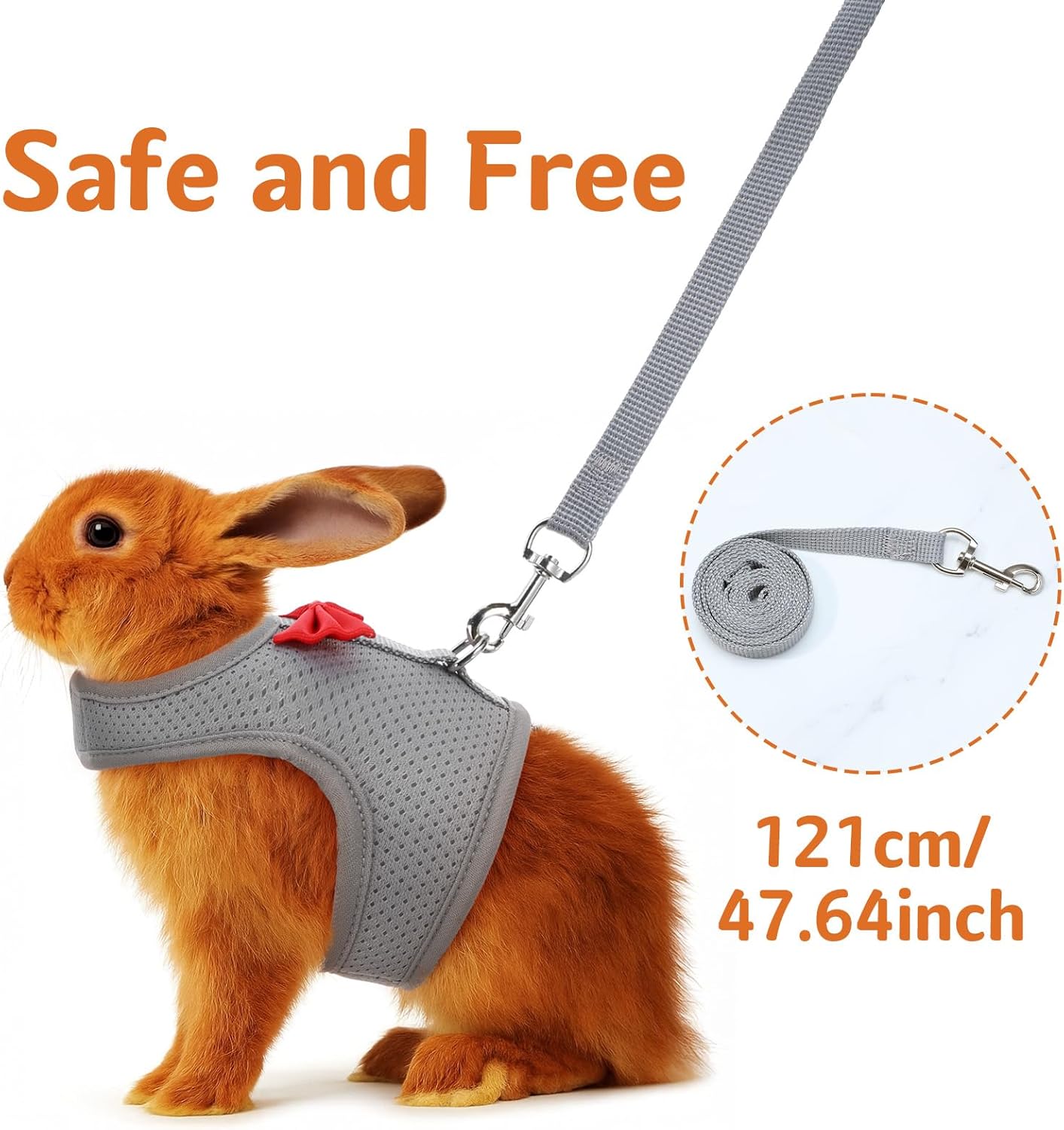 Bunny Harness and Leash Set, Soft Breathable Mesh Rabbit Leash Vest with Safety Buckles, Lightweight Escape-Proof Walking Gear for Rabbits, Kittens, Ferrets, Guinea Pigs, Grey M