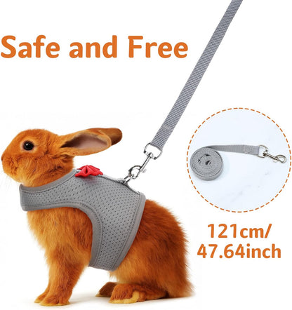Bunny Harness and Leash Set, Soft Breathable Mesh Rabbit Leash Vest with Safety Buckles, Lightweight Escape-Proof Walking Gear for Rabbits, Kittens, Ferrets, Guinea Pigs, Grey M
