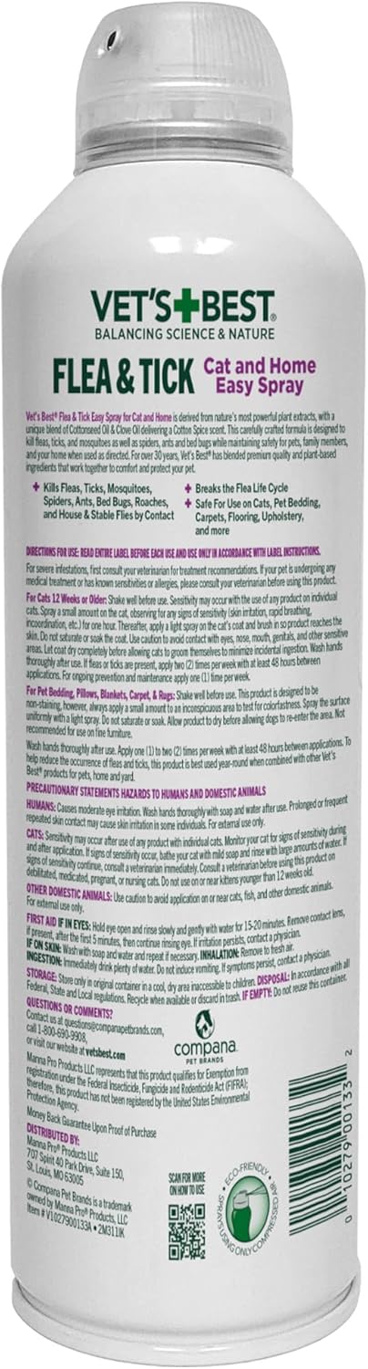 Vet's Best Natural Flea & Tick Easy Spray for Cats – Natural Flea & Tick Prevention with Cotton Spice Scent – Plant-Based Cat Spray with Essential Oils – Gentle Pest Control Formula – 14 oz Bottle