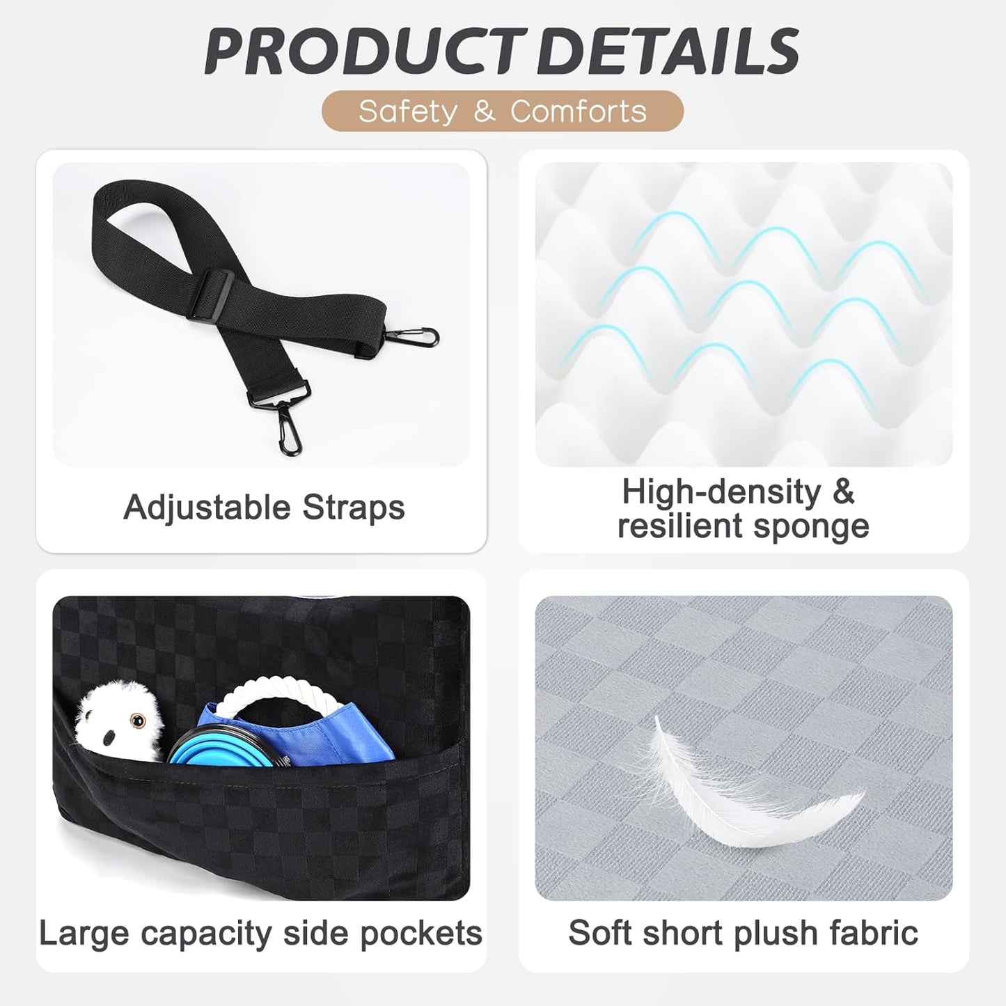 JOEJOY Elevated Dog Car Seat for Small/Medium Dogs up to 35 lbs, Memory Foam Booster Seat with Detachable Washable Cover, Travel-Safe Car Bed with Safety Belts & Storage Pockets, Grey