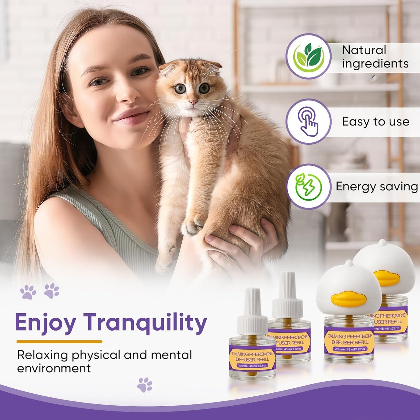 Cat Calming Pheromone Diffuser Kit – 2 Plug-Ins & 4 Refills (48ml), Cat Anxiety & Stress Relief, Multi Cat Calming Diffuser, Reduces Fighting, Spraying, Scratching & Aggression, Drug-Free for All Cats