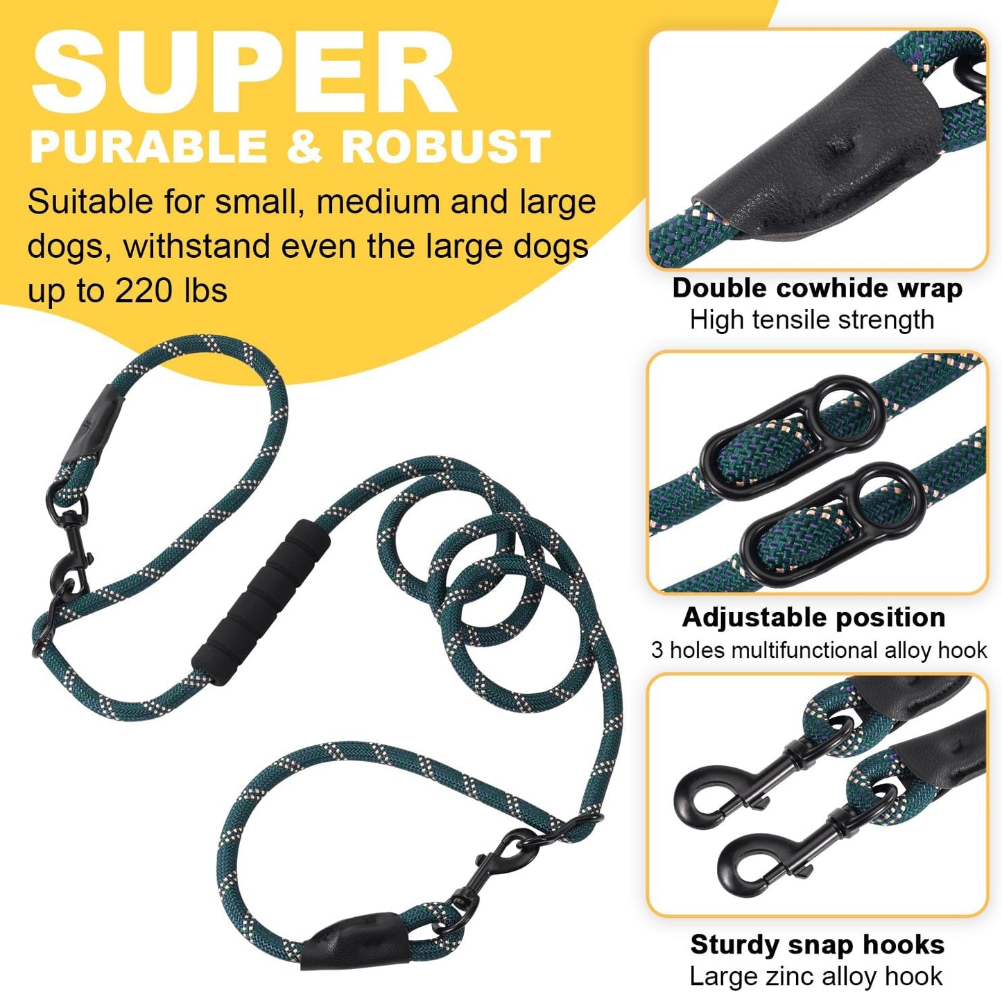 Versatile 7.5 FT Heavy Duty Dog Leash with Padded Handle,Easy Converted to Double Leashes,Hands Free,Cross-Body or Waist Leash, Night Reflective,for Small Medium Large Dogs (Dark Green)