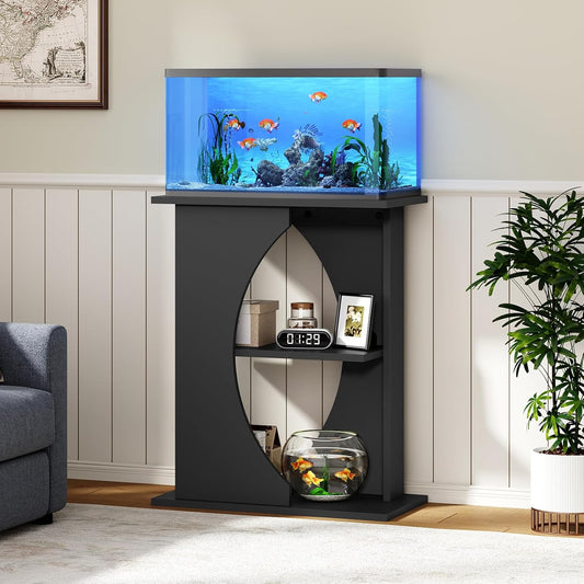 10 Gallon Fish Tank Stand, Wooden Aquarium Stand with 3-Tier Storage Shelves, Heavy Duty Turtle Reptile Terrarium Tank Stand for Home Office, 23.6" L x 11.8" W x 29.9" H, Black FTBK7601