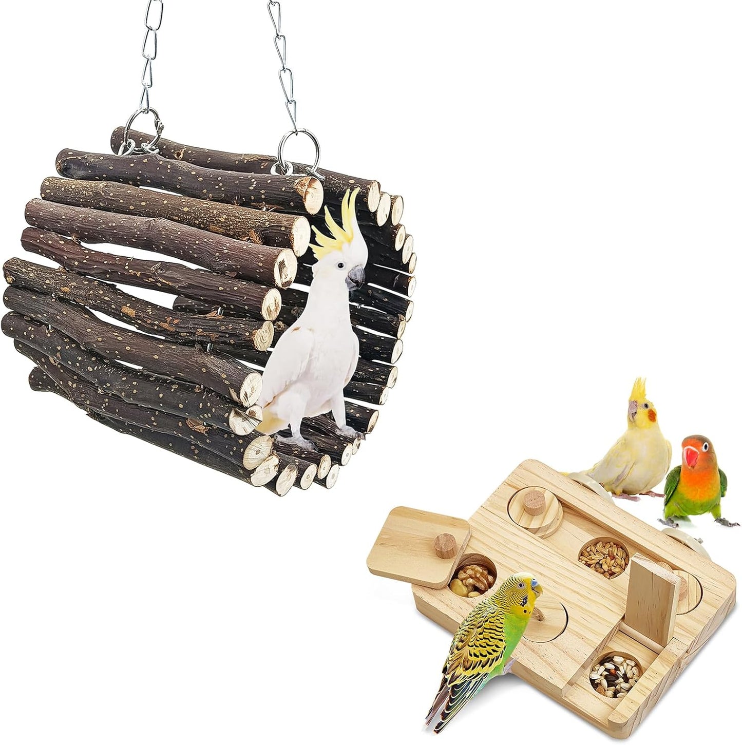BNOSDM Wooden Bird Tunnel Parrot Swing Toys Natural Hanging Nest and Wooden Bird Foraging Toys with Enrichment Puzzle for Small and Medium Parrots, Parakeets, Cockatiels, Sun Conures