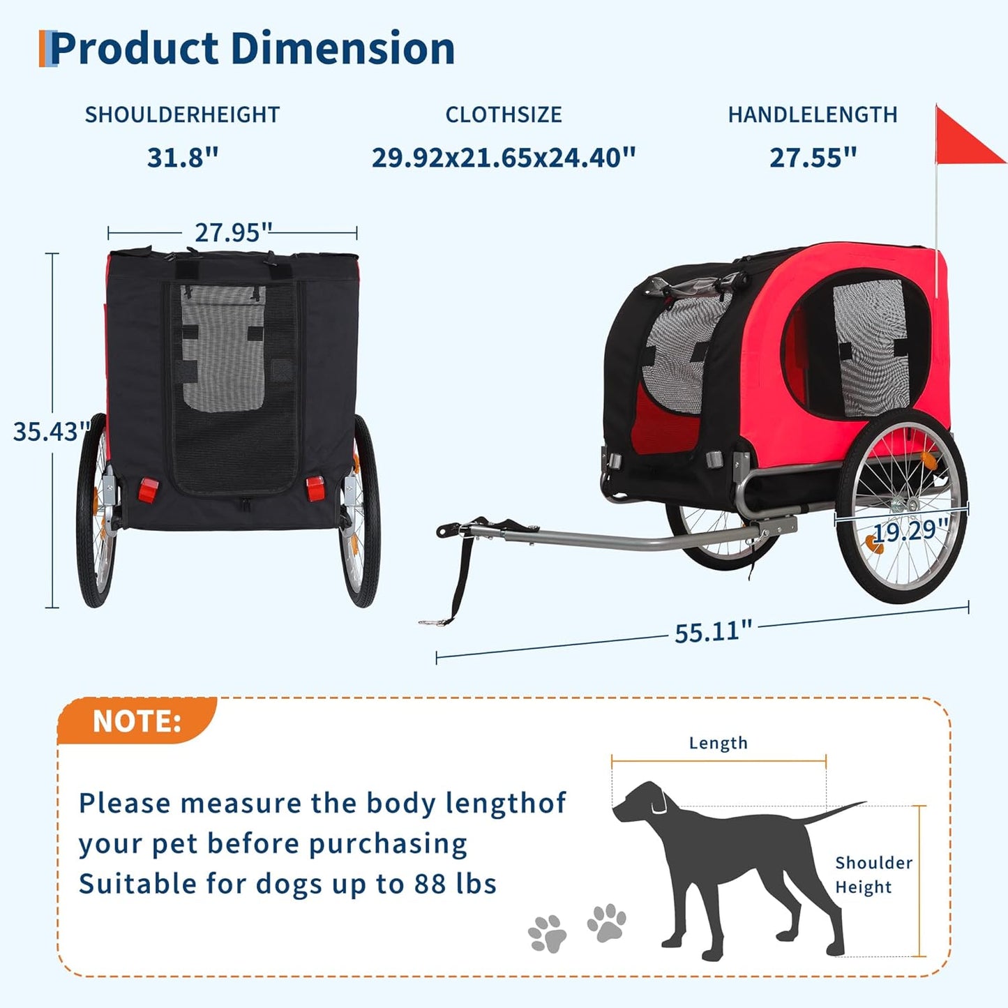 Dog Bike Trailer, Folding Dog Trailer for Bike with 19'' Quick Release Wheels, Heavy Duty Pet Cart, Hold Up to 88 Lbs,