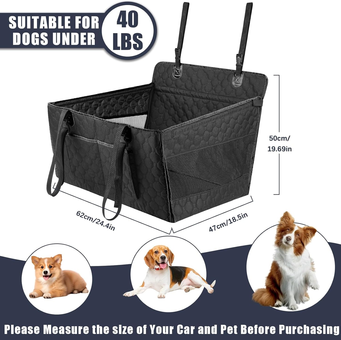 Dog Car Seat for Large Medium Dogs, Dog Car Seat Cover for Back Seat, Foldable Pet CarSeat with Safety Belt, Waterproof Fabric & Breathable Mesh, Back Seat Cover for Dogs Under 40lbs (Large, Black)