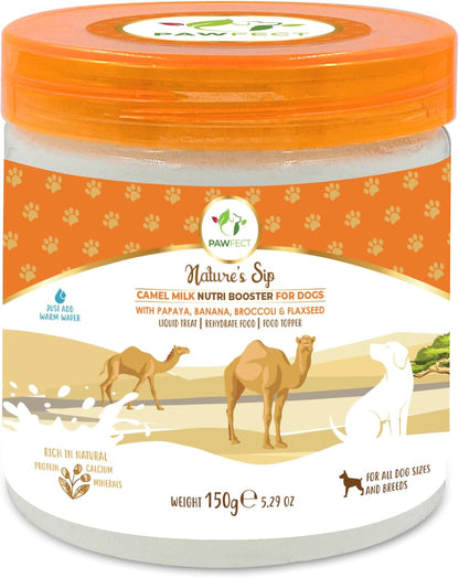 Pawfect Nature's Sip Camel Milk Powder with Papaya, Banana, Broccoli & Flaxseeds| Easily Digestible| Pre & Probiotics| Healthy Topper| Low Glycemic| Hydration Support| 30 Scoops| (150g/5.29oz)