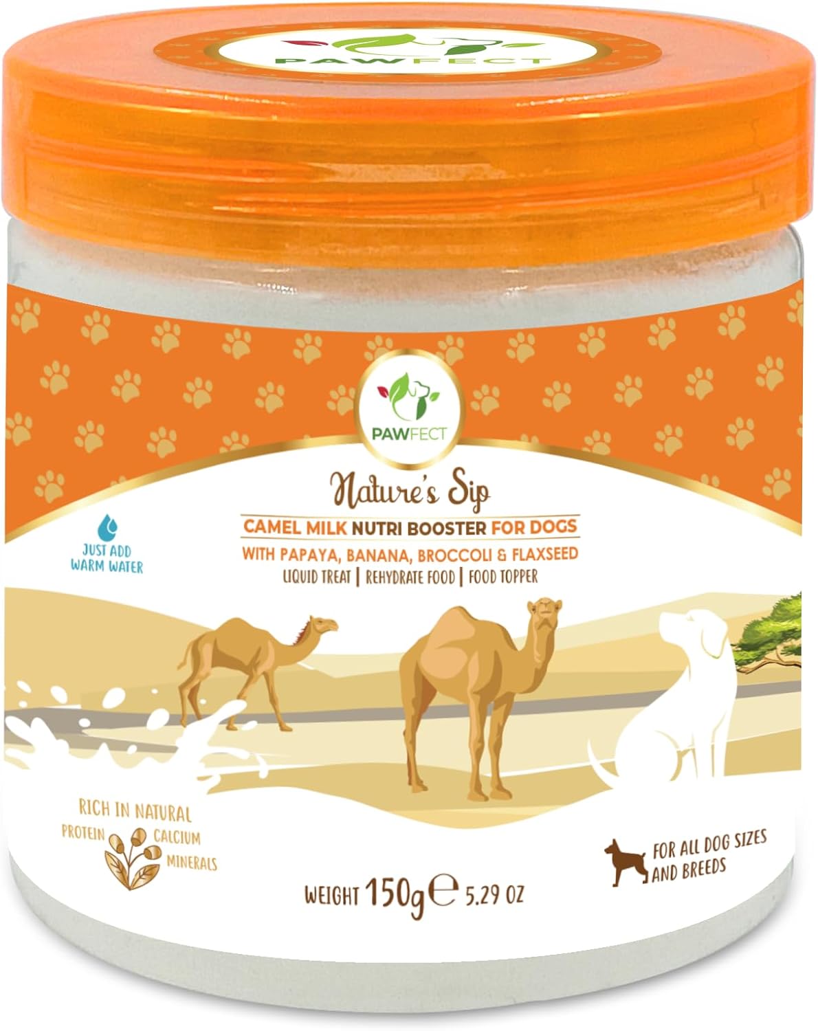 Pawfect Nature's Sip Camel Milk Powder with Papaya, Banana, Broccoli & Flaxseeds| Easily Digestible| Pre & Probiotics| Healthy Topper| Low Glycemic| Hydration Support| 30 Scoops| (150g/5.29oz)