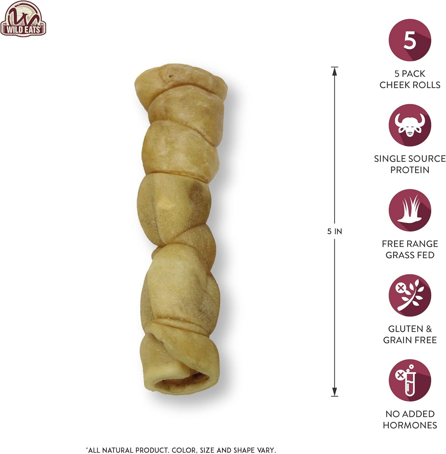 Wild Eats Water Buffalo Retriever Style Cheek Roll Dog Chews-5 Pack (Long Lasting Chews, Treats, Bones for Aggressive Chewers & Large Dogs) Great Substitute Pig Ears Dogs