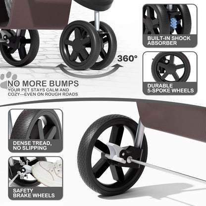 MoNiBloom Foldable Dog Strollers for Small Dogs with Weather Cover, 3 Wheels Pet Strolling Cart for Dogs and Cats with Storage Basket and Cup Holder, Breathable and Visible Mesh for All-Season, Coffee