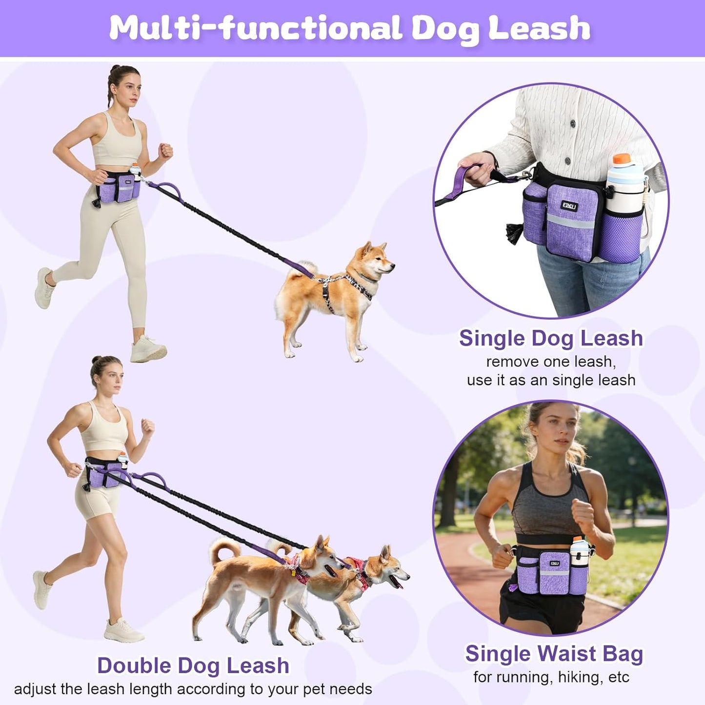 ETACCU Premium Hands Free Dog Leash for 2 Dogs, Adjustable Waist Belt Leash for Dog Walking, Purple (1 Dog Purple)