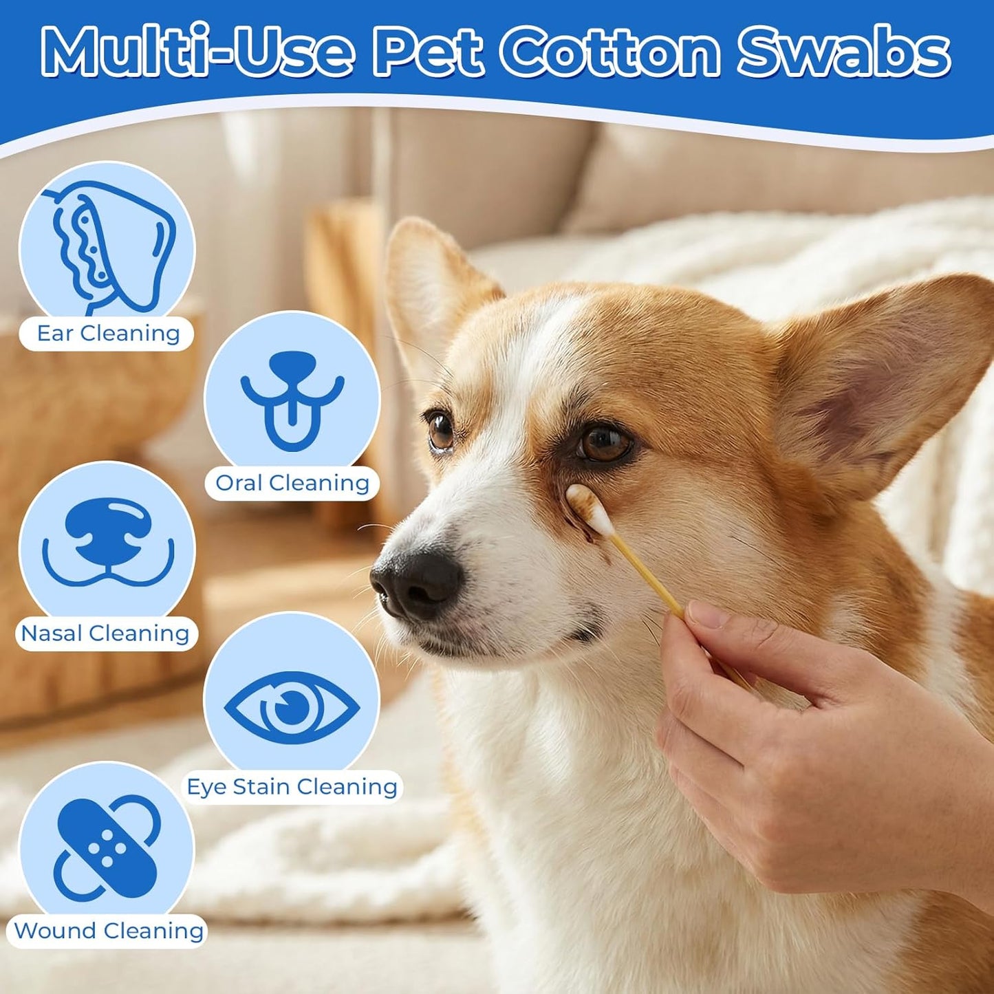 6 Inch Large Cotton Swabs for Dog Ear Cleaning - Extra Long Handle Dog Ear Swabs, Soft & Absorbent Big Cotton Tips, Perfect for Pet Care & Daily Grooming (100 Pcs)