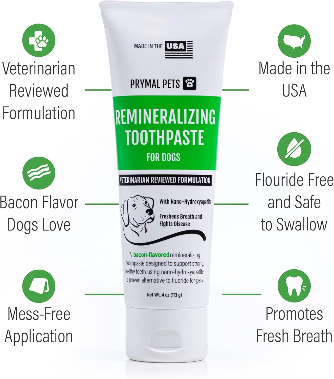 Remineralizing Dog Toothpaste with Nano-Hydroxyapatite – Bacon Flavor, Fluoride-Free & Safe to Swallow, Veterinarian Reviewed, Made in USA, Fights Plaque & Freshens Breath (4 oz)