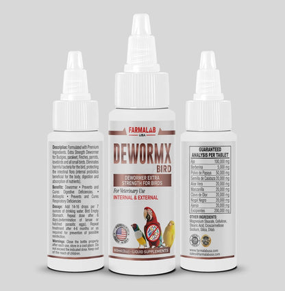 Farmalab DEWORMX Liquid Extra Strength 2oz 8oz Budgies, Parakeet, Finches, Lovebirds Small Caged Birds para periquitos, cacatillos, cotorras, Canarios, guacamayos, Quakers y Aves (Aviary 8oz)