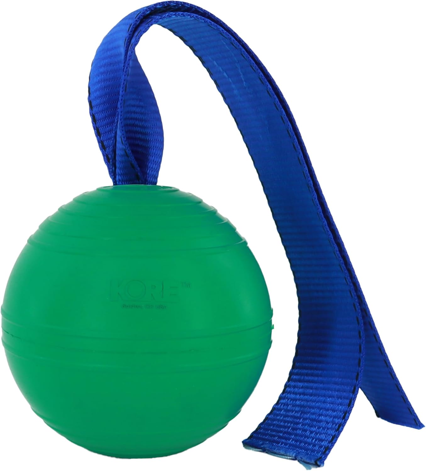 KoreFlex Ball & Tail - Horse-Equine Toy, 4.75" Green Ball, Shape Maintaining Rubber, Durable Strap, Treat Stuffing Center, Toss-Bounce-Play