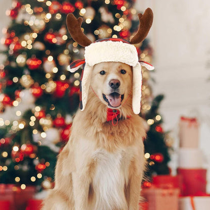 2 Pcs Christmas Antler Check Dog Santa Hat Adjustable Pet Red Plaid Pet Cap Xmas Antler Dog Hats for Small Medium Large Dogs(L)