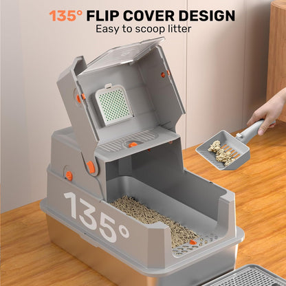 Stainless Steel Litter Box with Lid, Anti-Leakage Enclosed Metal Litter Box, Flip-Top Extra Large Kitty Litter Pan with Scoop & Pedal, Odor Free, Front & Top Dual Entry, Light Gray