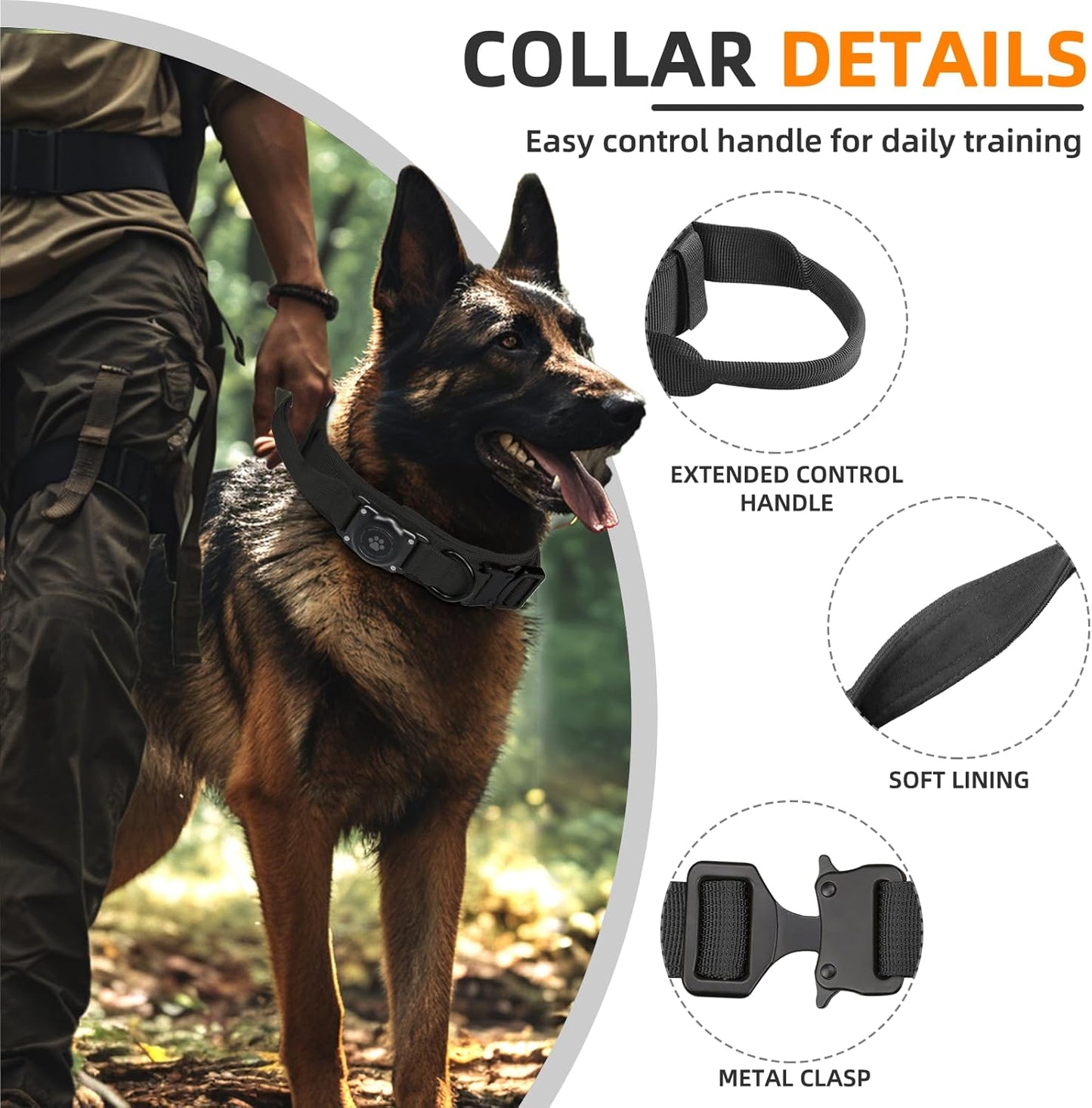 Tactical AirTag Dog Collar, 100% Waterproof Integrated Apple Air Tag Dog Collars with Hard PC AirTag Holder, Adjustable Military Collar with Handle, GPS Dog Collar for Medium Large Dogs (L, Black)